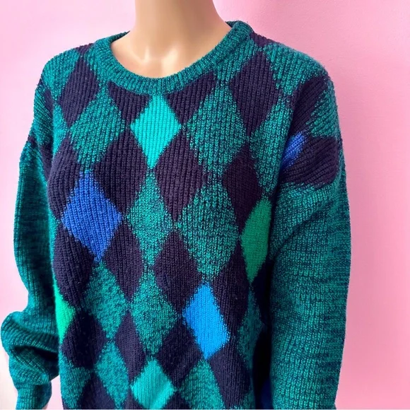 Vintage Women's XL Grunge 90's Green and Pink Argyle Sweater - Picture 3 of 8